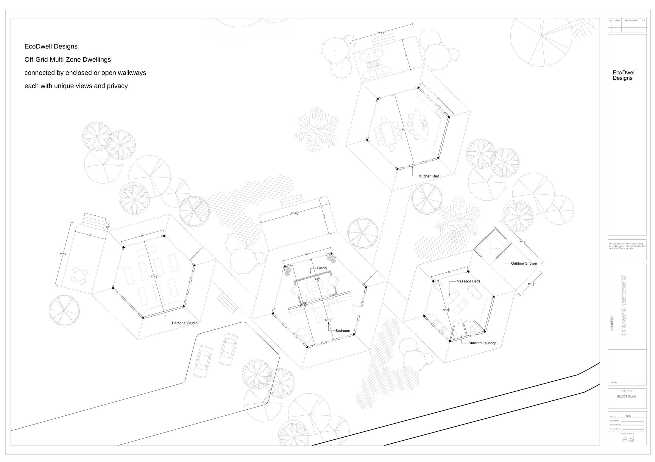 Eco-Vida Designs plan preview: quad eco dwelling with interconnected hexagonal modules, shared infrastructure, four-unit eco-ag layout, landscape-linked eco housing. Licensed study drawings.