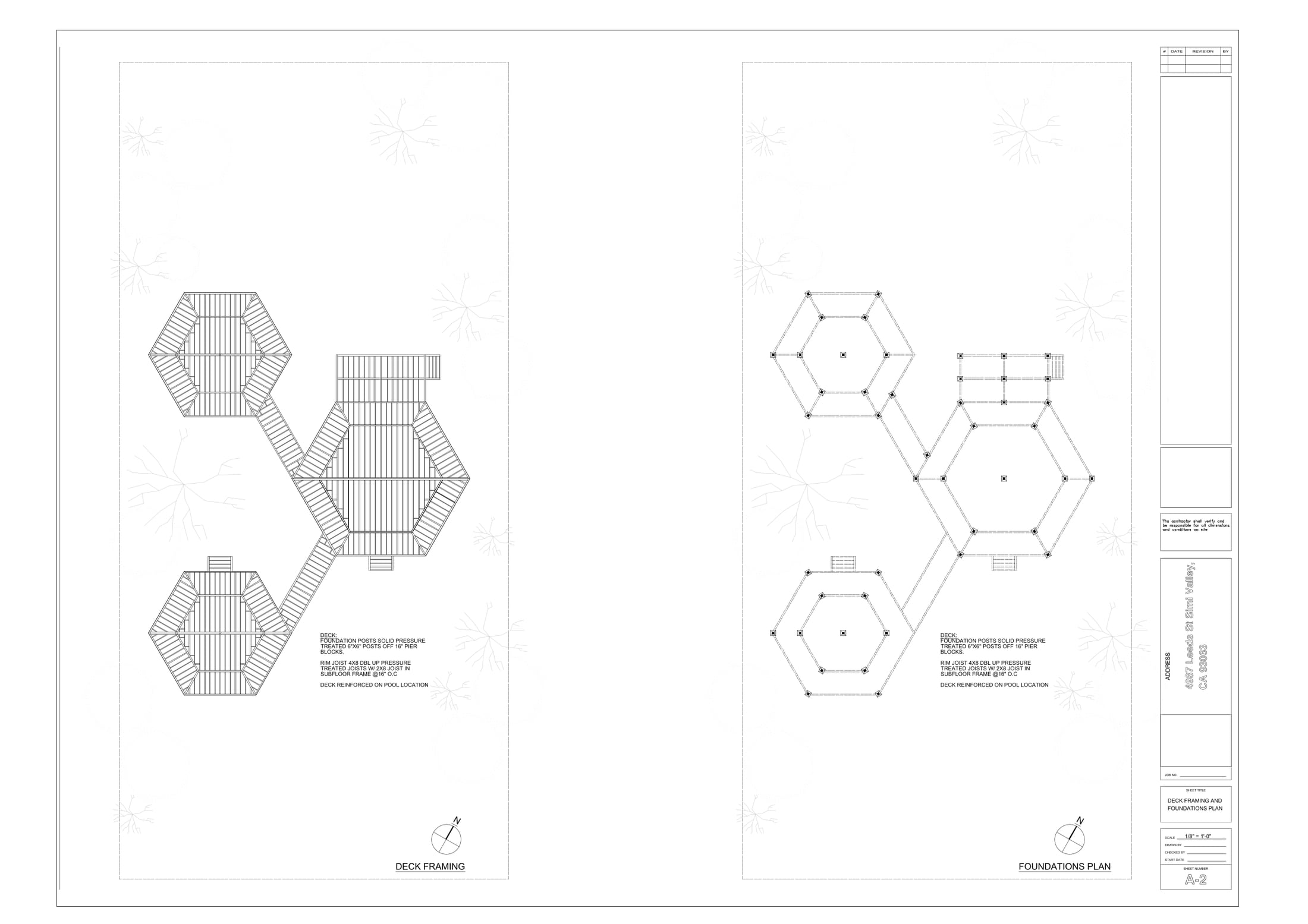 Eco-Vida Designs plan preview: quad eco dwelling with interconnected hexagonal modules, shared infrastructure, four-unit eco-ag layout, landscape-linked eco housing. Licensed study drawings.