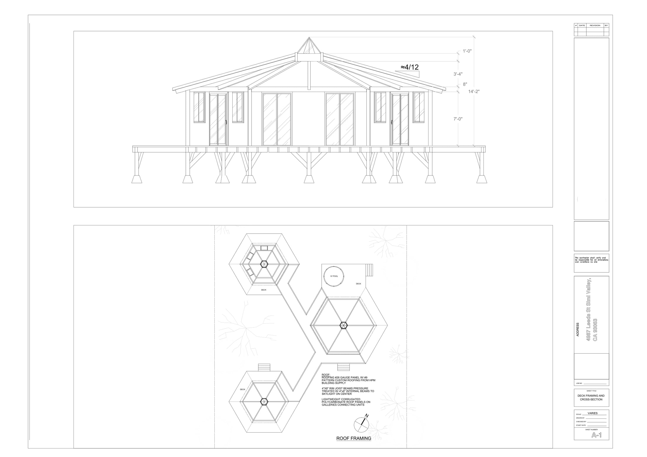 Eco-Vida Designs plan preview: quad eco dwelling with interconnected hexagonal modules, shared infrastructure, four-unit eco-ag layout, landscape-linked eco housing. Licensed study drawings.
